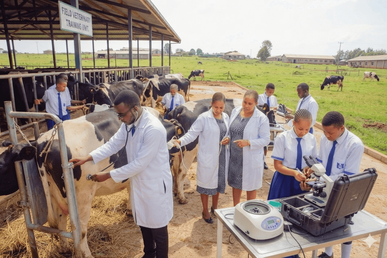 Students in veterinary field training with livestock
